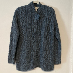 Hand Knit Blue Jones New‎ York Full Zip Wool Cable Knit Sweater